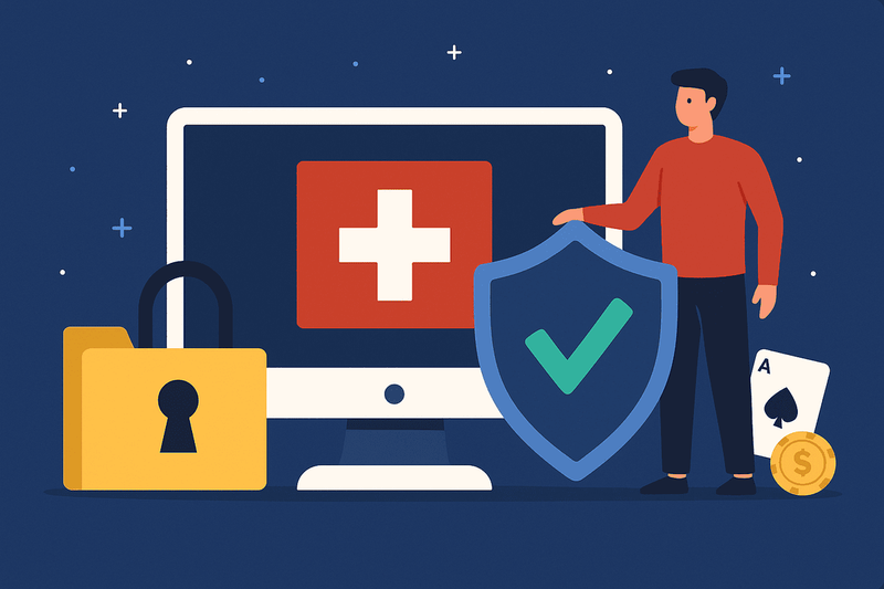 Digitale Sicherheit und Datenschutz in Online Casinos der Schweiz mit Verschlüsselung, Lizenzsymbolen und Spielkarten auf einem geschützten Monitor